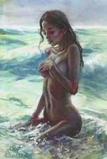 jeune fille  nue dans les vagues  20 x 30 aquarelle, pastel  , original NUDE AKT