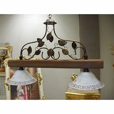 Lustre Barbell Rustique Fer Forgé Céramique et Bois Cuisine Taverne Pub