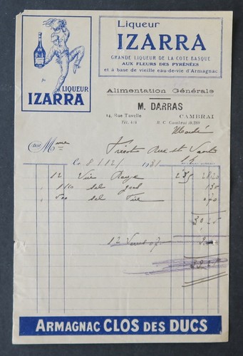 Facture liqueur izarra darras - liqueur,