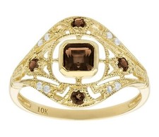 10k or Jaune Style Vintage Véritable Fumé Quartz et Diamant Bague