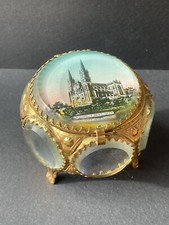 Ancienne boite à bijoux - Coffret Rond La Chapelle Montligeon verre biseauté
