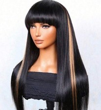 Perruque Naturelle Féminine Noir Wig Humains Coupe Longue Frange 50cm +4 Bonnets