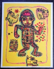 Tableau robot vintage Automate humanoïde Chien Chat Robot 21x28cm/feuille signé