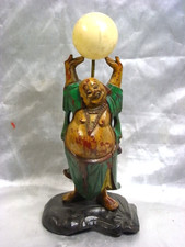 STATUE BOUDDHA DEBOUT RIEUR SCULPTURE RELIGIEUSE BOIS POLYCHROME BUDDHA CHINE