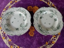 2 Assiettes Octogonales Terre de Fer Faience Gien Déco Oiseaux Fleur Vert 26,5cm