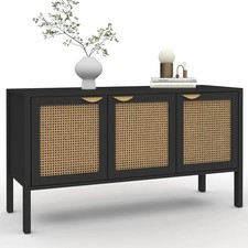 Buffet bas 110 cm EDHEN 3 portes bois noir et cannage