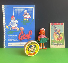TRES JOLI LOT PUBLICITAIRE ANCIEN  "FROMAGE GRAF" FIGURINE, BOITE, BLOC-NOTES...