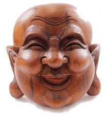 Masque du Bouddha rieur en bois sculpté 20cm