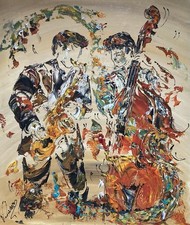 Peinture Tableau Musiciens Contrebasse Saxophone 60x70cm Original Neuf Jazz