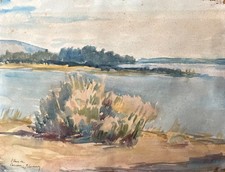 Etang de Carcans, aquarelle ancienne, signature à identifier, début XXe