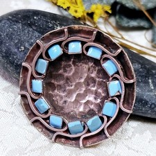 Broche Art Déco Jean Augis France Émail Grand Feu Turquoise Sur Cuivre 40mm