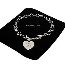 925 Argent Sterling Bracelet, Personnalisé Avec Gravure sur Coeur Charme, Chaîne