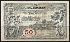 Billet 50 Francs, Union des Commerçants de Béziers. Vers 1920. France. SPL / UNC
