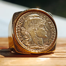 Bague Chevalière Carré 20 Francs Cérès en Acier Inoxydable Doré Or fin Fait Main