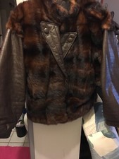 Veste Vintage Fourrure Et Cuir Marron 40/42 L Blouson Moto