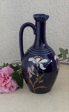 ANCIEN VASE PICHET BLEU NUIT DECOR FLEURS EMAILLEES