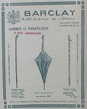 PUBLICITE BARCLAY CANNE GOLF MILITARY PARAPLUIE POUSSIN BLEU DE 1918 FRENCH AD