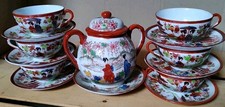 6 Anciennes Tasses + 1 sucrier En Porcelaine Coquille D'oeuf Japon Décor Geisha