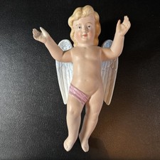 ange de crèche à suspendre XIXème,biscuit polychrome,Hauteur 20 Cm