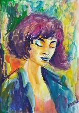 ENARA Art deco toile tableau peinture aquarelle signée papier Femme Silencieuse