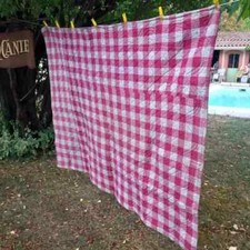 1850s French QUILT BOUTIS Piqué Pink VICHY CHEcK CANOPY Fabric Hd Made 80"x60"