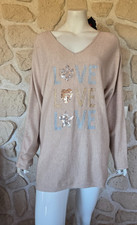 Pull beige col V love taille unique marque Piment Rouge (jr)