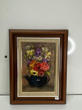 Tableau peint décors bouquet de fleur cadre en bois gouache