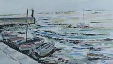 AQUARELLE MARINE 42X33 CM / 1971 MOGUERIEC LE PHARE SUR LE PORT / ILE DE BATZ /