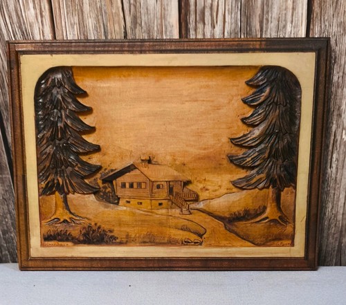 Tableau bois sculpté - , chalet