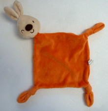 40. Doudou plat CARREBLANC Lapin orange beige clin d'oeil nez marron  ETAT NEUF*