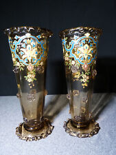 Paire de vase cornet ancien 19 siècle XIX en verre à décor émaillé de fleur