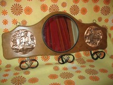 Ancien PETIT VESTIAIRE en BOIS CUIVRE FER FORGE MIROIR PORTE-MANTEAU 3 PATERES