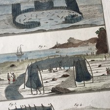 Gravure XVIIIè La Pêche Aux Filets Benard 1793 Encyclopédie Diderot Aquarellée
