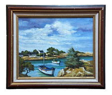 Tableau  ancien école Bretonne ILE DE BRÉHAT bateau mer cote Marine  sgn. BOIRON