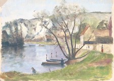 MAURICE FLEURIVAL (1891-1954) Tableau Huile Paysage Campagne Rivière Bateaux #5