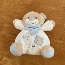 Peluche doudou ours boule CASINO Bébé Rêve bleu blanc grelot 20 cm Écharpe