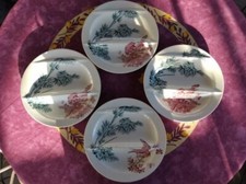 4 Assiettes à Asperges Faience Longwy Modèle Oiseaux Décor Bambous Oiseaux 26cm