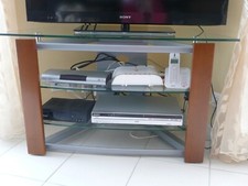 Meuble support de Téléviseur merisier et verre trapézoïdal avec Plateau Tournant