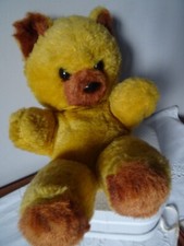 OURS ANCIEN 28 /38 CM PELUCHE OCRE ET ROUX ASSIS BOUDEUR RARE CORPS MOULE MOUSS