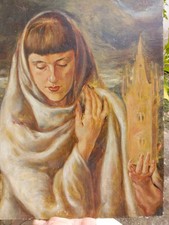 Sainte Barbe et sa Tour Huile sur Panneau XXe Catholique Dévotion Tableau Eglise