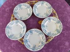 5 Assiettes Plates Terre de Fer Faience de Longwy Modèle Manon Floral Bleu 23cm