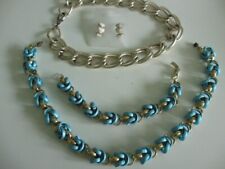 PARURE BIJOUX  2 COLLIER&BRACELET MAILLE MÉTAL LÉGÈRE BLEU TURQUOISE&OR&B 0