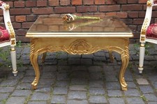 TABLE BASSE SALON 80X80CM EN BOIS MASSIF AVEC VERRE DORÉ À LA FEUILLE D'OR