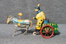 Jouet Mécanique Ancien Tôle Lithographiée Clown Charette Cheval Clé Cirque