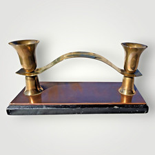 Vintage Rare Mid Century Modern Teak Brass Copper 2 Candles Holder France 1960s