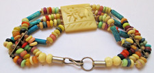 Bracelet ethnique 4 rangs de perles éléphant gravé bijou vintage hippie 1588