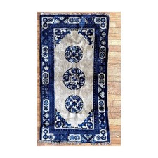 Tapis chinois vintage style Ningxia Noué main Laine velours 70×120 Bleu et beige