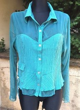 haut Jacqueline RIU t5 XL 42 44 plissé voile vert blouse chemise top TBE