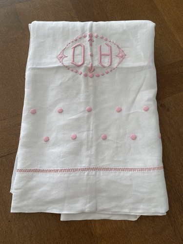 Drap ancien blanc pois roses - drap,