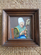 Peinture sur lave volcanique - Signé Jean BOREL - Paysanne à la Quenouille